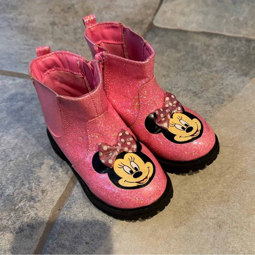 Disney Junior Pink Sparkle Minnie Mouse Ankle Combat Rain‎ Boots Size Toddler 7
